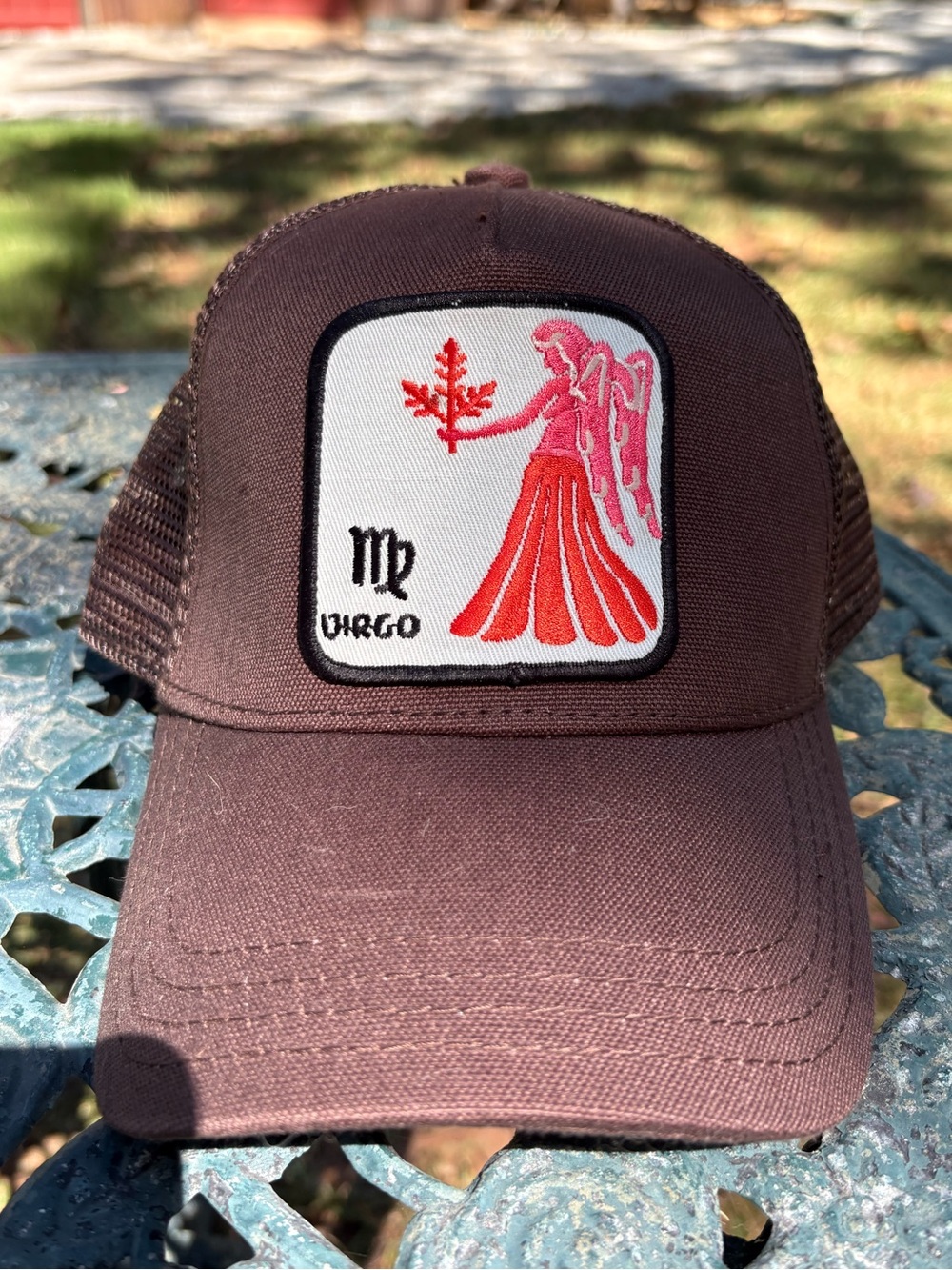 Virgo Patch Trucker Hat in Brown with Pink & Red Embroidery